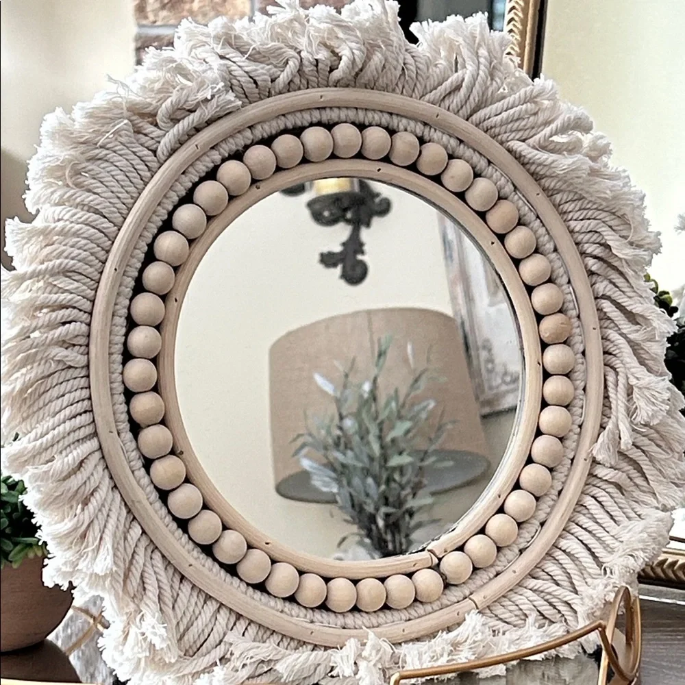 NEW! Vintage Inspired Cream Bohemian Macrame & Wood Beaded Fringe Wall Mirror